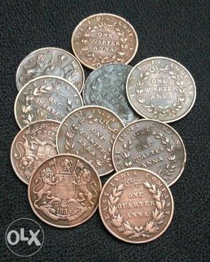 Round Bronze-colored 1 Indian Quarter Anna Coin Lot