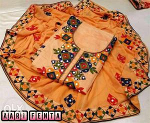 Women's Orange, Green, Red, And Black Floral Top With Text