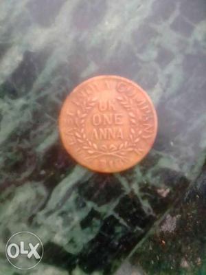 Round Bronze-colored 1 Indian Anna Coin 