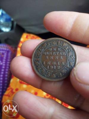 Round Copper-colored 1 Indian Quarter Anna Coin