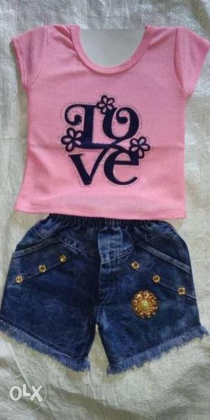 Toddler's Pink Crew-neck T-shirt And Blue Denim Short Shorts