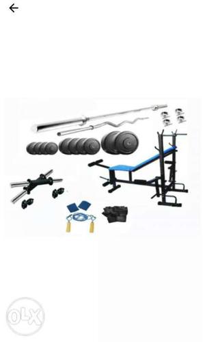 Blue Bench Press, Weight Plates, And Barbell Rod 48kg weight