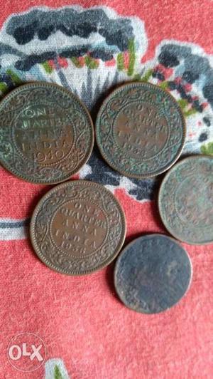 Five 1 Quarter Indian Anna Coins