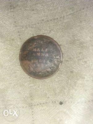 Round Brown Half Anna Indian Coin