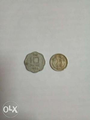 Two 10 And 25 Indian Paise Coins