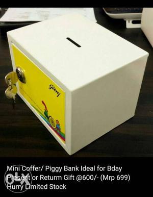 White Mini Coffer Bank With Text Overlay