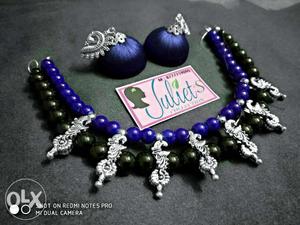 Blue-and-silver-colored Necklace And Jhumka Earrings Set