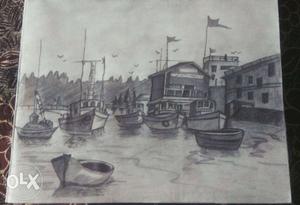 Boats On Water Near Dock Sketch.A3 size sheet.