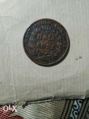 East india company half anna bronze coin.