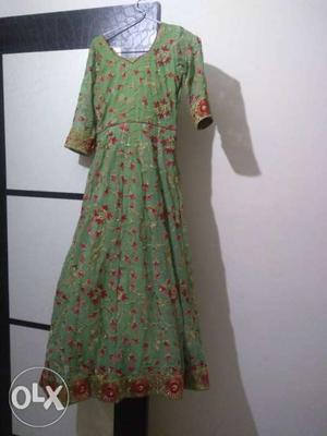 Green And Brown Floral Long-sleeved Dress