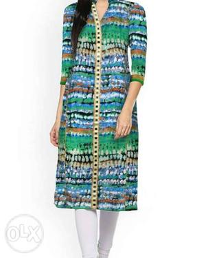 Green, Blue, And White Long-sleeved Dress