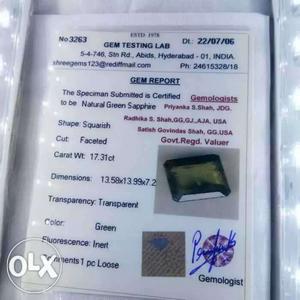 Natural green sapphire stone with certificate