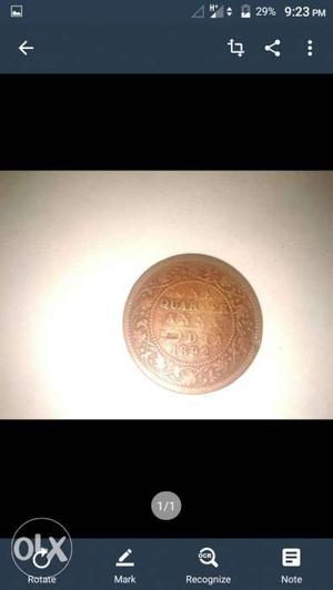 One quarter ie 1 Anna coin of Victoria empress.