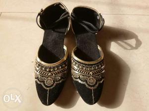 Pair Of Black Leather Peep-toe Heeled Shoes