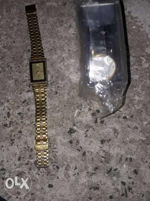 Rectangular Gold-colored Watch With Link Bracelet