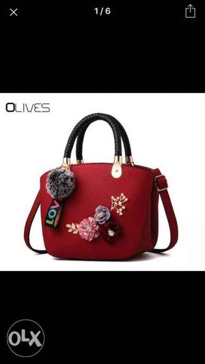 Red And White Floral Leather Tote Bag