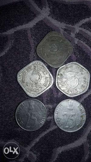 Two 5, 3, And Two 25 Indian Paise Coins