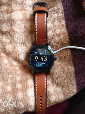 Fossil Round Black Smart Watch With Brown Leather Strap