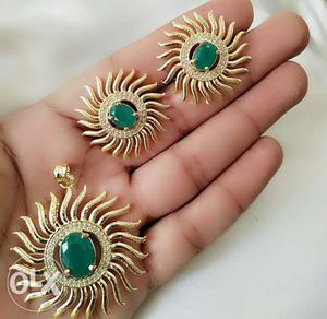 Gold-colored And Green Gemstone Encrusted Earrings And