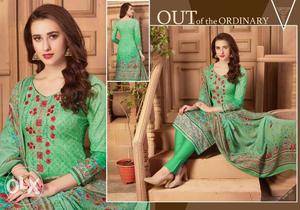 It is a green colour cotton suit with ciffon