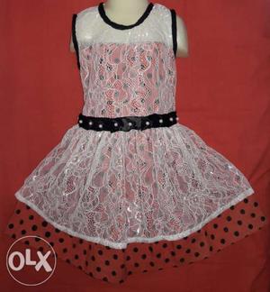 White&red net and cotton frock with blog printing