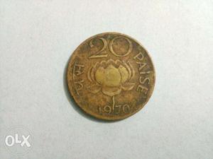 Copper Coin-Round  Gold-colored 20 Indian Paise Coin