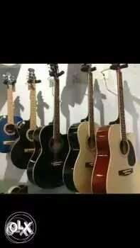Five Black, Brown, And Blue Acoustic Guitars