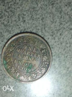 Round  Silver-colored 1 Quarter Anna Coin