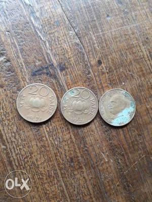 Three Brown 20 India Paise Coins