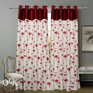 White And Red Floral Grommet Curtain4*7 (2pcs)