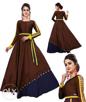 Women's Brown, Yellow, And Blue Long-sleeved Dress Collage