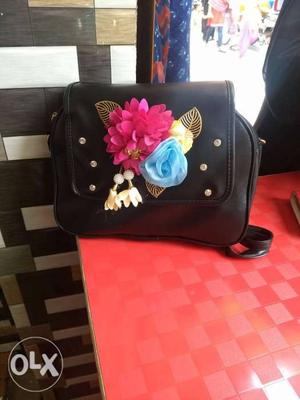 Black Floral Leather Crossbody Bag