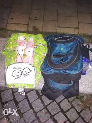 Blue And Black Backpack With Green And White Floral Knapsack