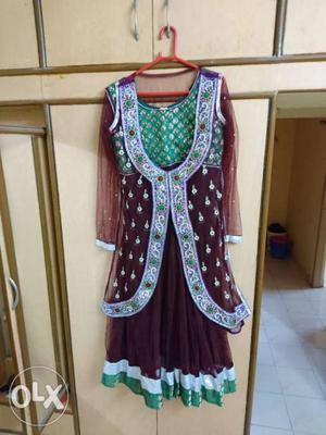 Brown Anarkali with work on jacket(koti). Dress