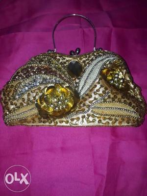 Gold And Beige Floral Handbag
