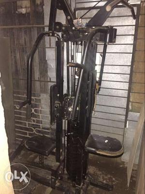 Home gym machine with iron plate mini bench, double bar