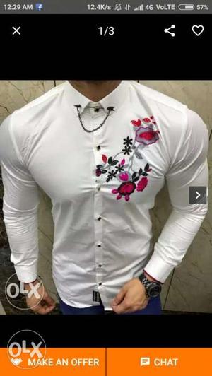 Men's White And Pink Floral Dress Shirt