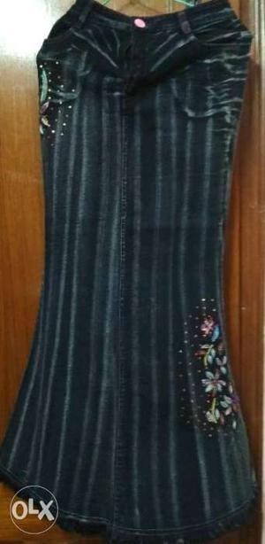 New denim long Aline skirt, with thread work,