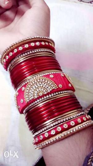 Red and gold silk thread bangles set size medium