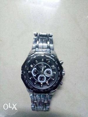 Round Black Chronograph Watch With Silver Link Bracelet