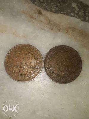 Two Copper-colored 1 Quarter Indian Anna Coins