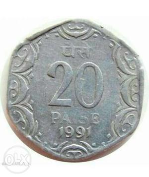  Silver-colored 20 Indian Paisa Coin