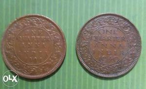 Two Indian 1 Quarter Anna Coins