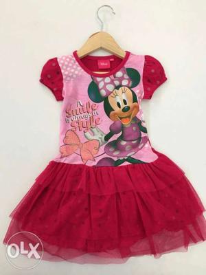 Girl's Red And Pink Minnie Mouse-printed Dress