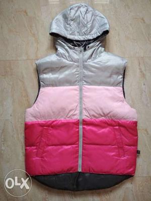 Pink And Gray Full-zip Hoodie Vest
