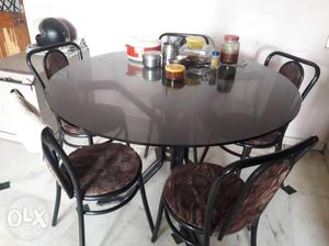 Round Brown Wooden Table With Six Chairs Dining Set