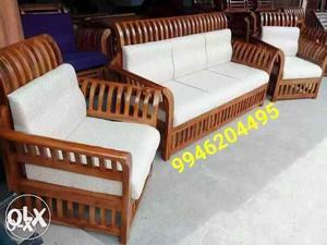 White And Brown Wooden Framed Sofa Set