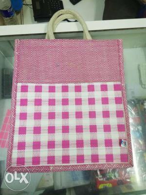 Pink And White Checkered jute bag wholeseller