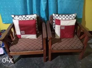 Two Brown Padded With Brown Wooden Armchairs (segoon wood)