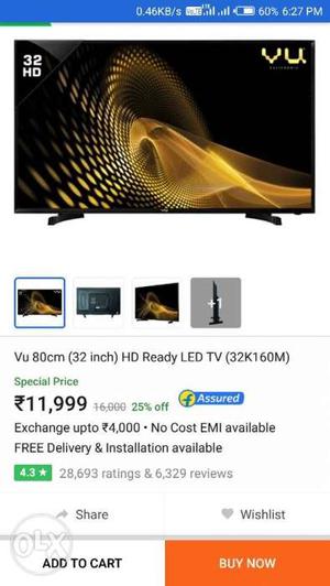 Vu 32 inch led HD ready TV with two years